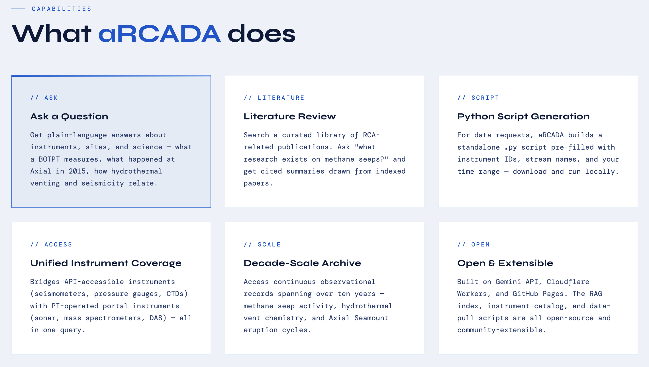aRCADA capabilities screenshot